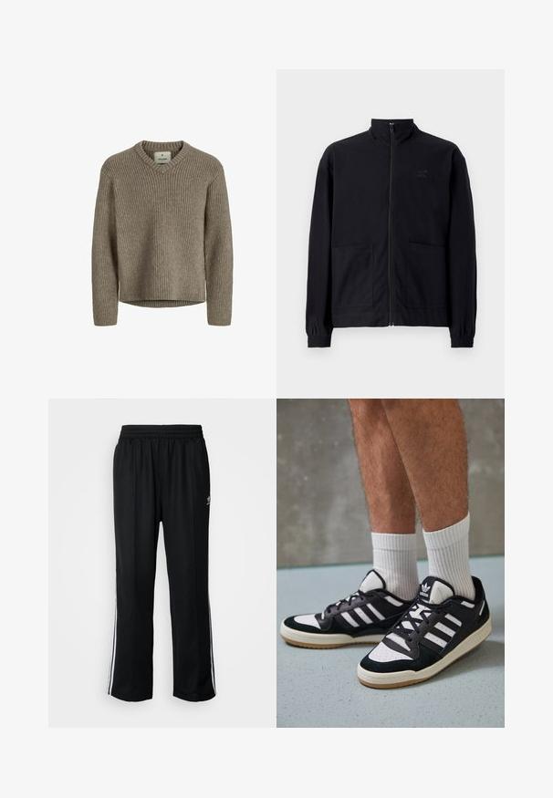 Melna zip-up jaka, izgatavota no struktūrētas auduma, ar stāvošu apkakli, divām priekšējām kabatām un elastīgām aprocēm. Diskreta logotipa detaļa.; Bēšas, ribota adīta džemperis ar V veida kakla izgriezumu un garām piedurknēm. Mīksta tekstūra, brīvs piegriezums un taisna apakšmalas līnija bez sānu šķirbu.; Melni sporta bikses ar elastīgu jostas vietu, kurām ir baltas sānu svītras un neliels logotips. Materiāls izskatās mīksts un viegls.; Melnas un baltas kedas ar zamša un ādas augšdaļu, kas aprīkotas ar trim baltām svītrām, perforētu purngali un gumijas zolēm.