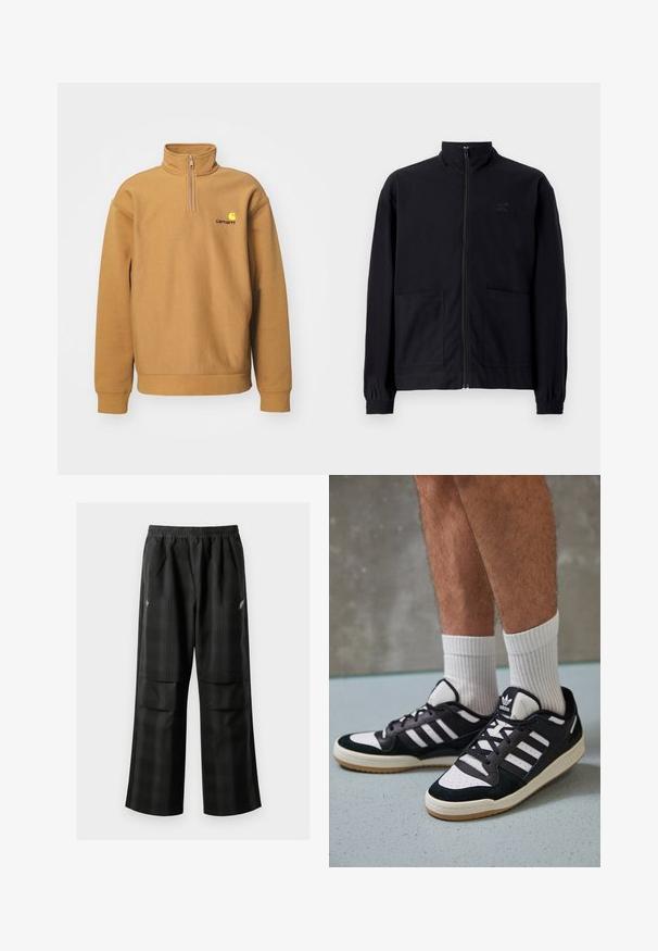 Veste noire zippée en tissu texturé avec col montant, deux poches avant et poignets élastiqués. Détail logo discret.; Sweatshirt en polaire beige ; avec un col zippé sur la moitié, des poignets côtelés et un logo contrastant sur la poitrine.; Pantalons à carreaux noirs avec une taille élastique, deux poches avant et une coupe ample avec une conception à jambe droite. Fabriqués en matériau léger.; Baskets noir et blanc avec une tige en suède et cuir, comportant trois rayures blanches, un bout perforé et une semelle en caoutchouc gum.