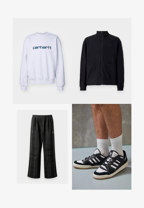 Černá zipová bunda vyrobená z texturované tkaniny, s vysokým límcem, dvěma předními kapsami a elastickými manžetami. Jemný detail loga.; Carhartt WIP Mikina - ash heather/duck blue; Černé kostkované kalhoty s elastickým pasem, dvěma předními kapsami a volným střihem se rovnými nohavicemi. Vyrobeny z lehkého materiálu.; Černobílé tenisky s vrchní částí z semišové a kožené kůže, včetně tří bílých pruhů, perforovaného špičky a podrážky z gumy.