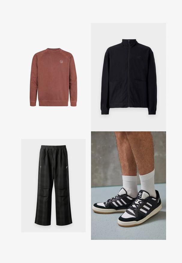 Zwarte zip-up jack van textuurstof met een staande kraag, twee voorzakken en elastische manchetten. Subtiel logo-detail.; Bordeaux crewneck sweatshirt van een zachte katoenmix. Voorzien van raglanmouwen en een klein logo-opdracht op de borst. Gladde textuur, geribde manchetten.; Zwarte geruite broek met een elastische tailleband, twee voorzakken en een losse pasvorm met een rechte pijpdesign. Gemaakt van lichtgewicht materiaal.; Zwart-witte sneakers met een bovenwerk van suede en leer, voorzien van drie witte strepen, een geperforeerde neus en een rubberen gumzool.