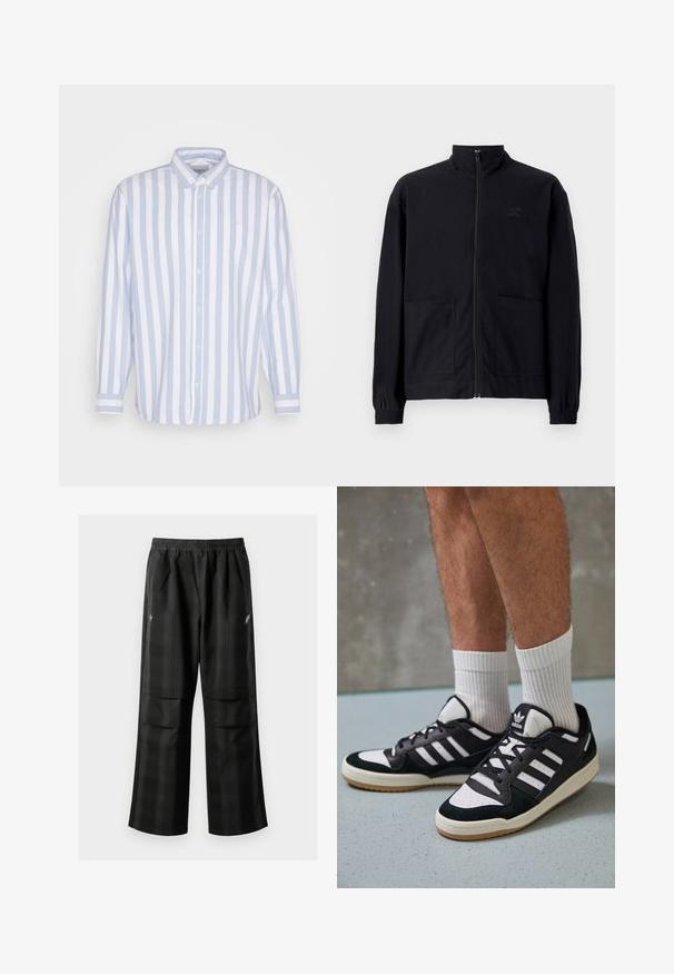 Černá zipová bunda vyrobená z texturované tkaniny, s vysokým límcem, dvěma předními kapsami a elastickými manžetami. Jemný detail loga.; Světle modrá a bílá pruhovaná košile s dlouhým rukávem a límečkem na knoflíky, s kapsou na levé straně a knoflíkovými manžetami.; Černé kostkované kalhoty s elastickým pasem, dvěma předními kapsami a volným střihem se rovnými nohavicemi. Vyrobeny z lehkého materiálu.; Černobílé tenisky s vrchní částí z semišové a kožené kůže, včetně tří bílých pruhů, perforovaného špičky a podrážky z gumy.