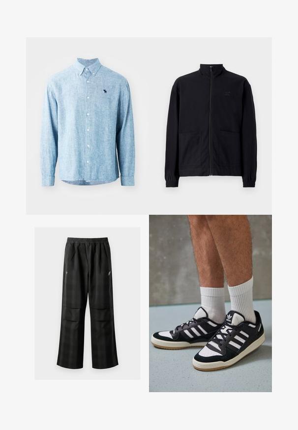 Mustast zip-up jakkidest, mis on valmistatud tekstureeritud kangast, on püstkaelus, kaks esist taskut ja elastsed mansetid. Diskreetne logo detail.; Hele helesinine nööbitav särk tekstuurse kangaga. Omab kaelust, pikki varrukaid ja väikest tumedat logo rinnal.; Mustas ruudulised püksid, millel on elastne vöökoht, kaks esimest taskut ja laiem lõige sirge jala disainiga. Valmistatud kergest materjalist.; Mustvalged ja valged spordijalatsid, mille pealmine osa on valmistatud suede'ist ja nahast. Kingadel on kolm valget riba, auguline varvas ja kummist tald.