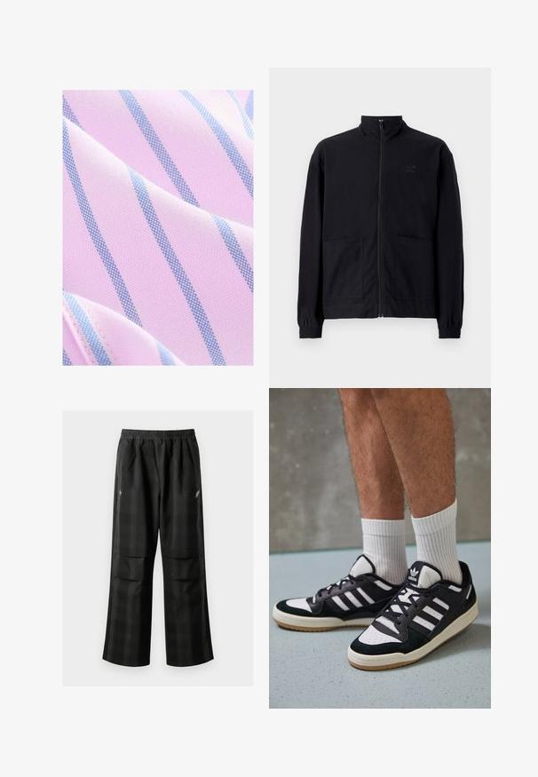 Zwarte zip-up jack van textuurstof met een staande kraag, twee voorzakken en elastische manchetten. Subtiel logo-detail.; Next REGULAR FIT - Overhemd - pink blue; Zwarte geruite broek met een elastische tailleband, twee voorzakken en een losse pasvorm met een rechte pijpdesign. Gemaakt van lichtgewicht materiaal.; Zwart-witte sneakers met een bovenwerk van suede en leer, voorzien van drie witte strepen, een geperforeerde neus en een rubberen gumzool.