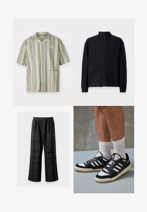 Czarna kurtka zapinana na zamek, wykonana z teksturowanej tkaniny, z kołnierzem stojącym, dwoma przednimi kieszeniami i elastycznymi mankietami. Subtelny detal z logo.; Koszula z krótkim rękawem, zapinana na guziki, w jasnym zielonym kolorze z pionowymi pasami w ciemnozielonym i białym. Posiada dwie przednie kieszenie i kołnierzyk.; Czarne spodnie w kratę z elastycznym pasem, dwoma przednimi kieszeniami i luźnym krojem ze prostymi nogawkami. Wykonane z lekkiego materiału.; Czarno-białe sneakersy z zamszową i skórzaną cholewką, z trzema białymi paskami, perforowanym czubkiem i gumową podeszwą w kolorze gumy.