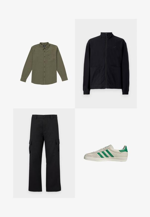 Giacca nera con zip realizzata in tessuto testurizzato, dotata di colletto alto, due tasche frontali e polsini elasticizzati. Dettaglio logo discreto.; Camicia da uomo con bottoni di colore verde oliva. Realizzata in tessuto morbido, presenta maniche lunghe, una tasca sul petto e bottoni neri. Design del collo standard.; Pantaloni cargo neri con design a gamba dritta. Realizzati in tessuto resistente, dotati di due tasche laterali con chiusura a pattina e chiusura con bottone.; Sneaker beige con strisce verdi, con suola bianca e tomaia in pelle liscia. Vista laterale che evidenzia i dettagli dei lacci e il logo.