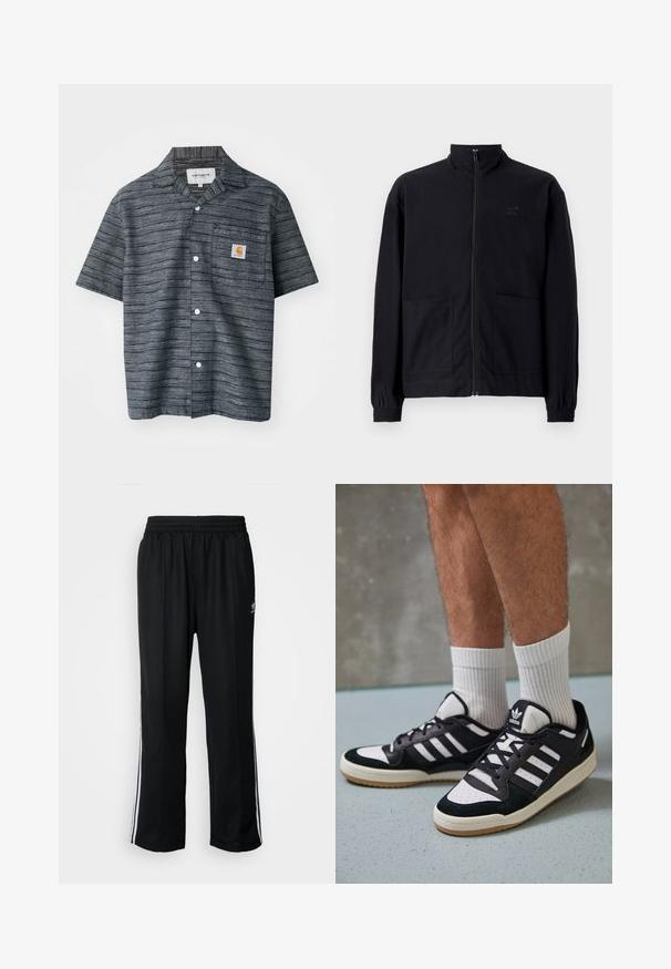 Sort zip-op jakke lavet af tekstureret stof med stående krave, to forlommer og elastiske manchetter. Diskret logo detalje.; Kortærmet skjorte med knapper i mørkegrå farve med et stribet mønster, der har en brystlomme og Carhartt-logo patch.; Sorte træningsbukser med elastisk talje, der har hvide sidestænger og et lille logo. Materialet ser blødt og let ud.; Sorte og hvide sneakers med en overdel i ruskind og læder, der har tre hvide striber, en perforeret tå og en sål i gummigummi.