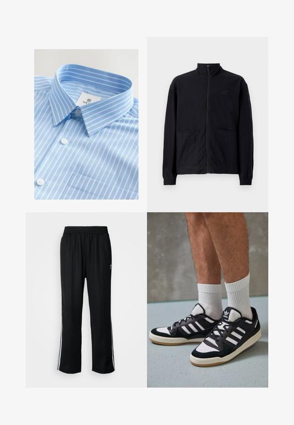 Mustast zip-up jakkidest, mis on valmistatud tekstureeritud kangast, on püstkaelus, kaks esist taskut ja elastsed mansetid. Diskreetne logo detail.; Hele sihvav sinine särk, millel on valged vertikaalsed triibud, nupuga ees, terava kraega ja üks rinnakott. Kangas näeb välja sile.; Mustad mustad spordipüksid elastse vöökohaga, millel on valged küljeread ja väike logo. Materjal tundub pehme ja kerge.; Mustvalged ja valged spordijalatsid, mille pealmine osa on valmistatud suede'ist ja nahast. Kingadel on kolm valget riba, auguline varvas ja kummist tald.