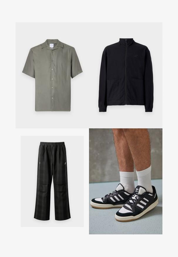 Fekete, cipzáros dzseki, textúrált anyagból, álló gallérral, két elülső zsebbel és rugalmas mandzsettával. Diszkrét logó részlet.; Rövid ujjú, gombos ing tompa oliva zöld anyagból. Klasszikus nyakkal, hét elöl gombbal és laza szabással rendelkezik. Sima textúra.; Fekete kockás nadrág, rugalmas derékkal, két elülső zsebbel és laza, egyenes szárú fazonnal. Könnyű anyagból készült.; Fekete-fehér tornacipők velúr és bőr felsőrésszel, három fehér csíkkal, perforált orral és gumi talppal.