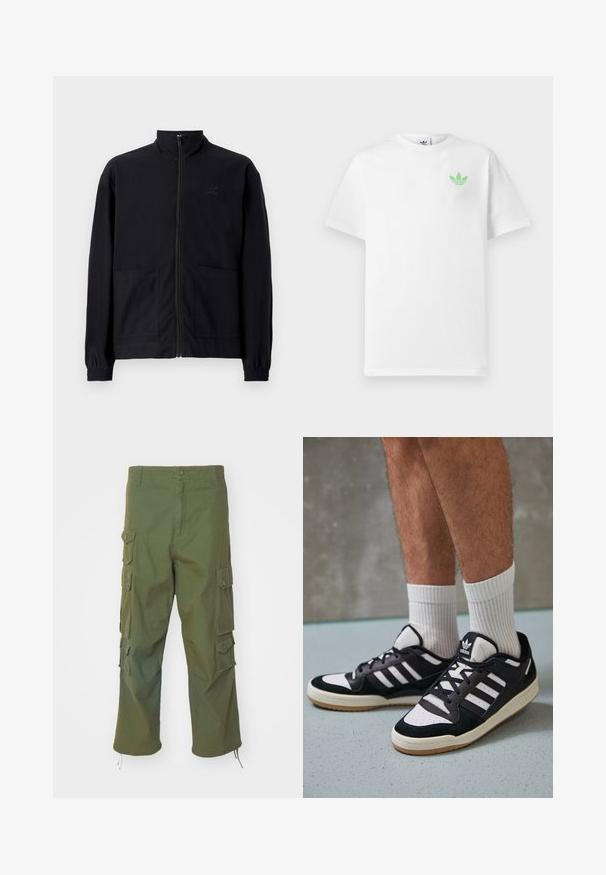 Fekete, cipzáros dzseki, textúrált anyagból, álló gallérral, két elülső zsebbel és rugalmas mandzsettával. Diszkrét logó részlet.; Fehér pamut póló rövid ujjal, bal mellen kisléptékű zöld Adidas logóval. Egyszerű, klasszikus kialakítás, körkivágott nyakkal.; Olíva zöld vászon cargo nadrág, oldalsó zsebekkel, gombos záródással, egyenes szabással és állítható szegélyekkel a testreszabható hossz érdekében.; Fekete-fehér tornacipők velúr és bőr felsőrésszel, három fehér csíkkal, perforált orral és gumi talppal.
