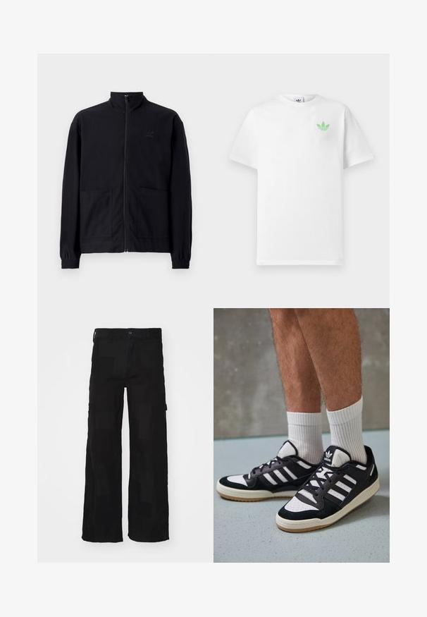 Čierna zapínacia bunda vyrobená z textúrovanej látky, s vysokým golierom, dvoma prednými vreckami a elastickými manžetami. Diskrétne logo.; Biele tričko z bavlny s krátkymi rukávmi, s malým zeleným logom Adidas na ľavej hrudi. Jednoduchý, klasický dizajn s okrúhlym výstrihom.; Čierne cargo nohavice vyrobené z bavlneného zmesi, s voľným strihom, dvoma bočnými vreckami, zapínaním na gombík a hladkým povrchom s jemným vzorom.; Čierno-biele tenisky s vrchom z semišu a kože, s troma bielymi pruhmi, perforovanou špičkou a gumovou podrážkou.
