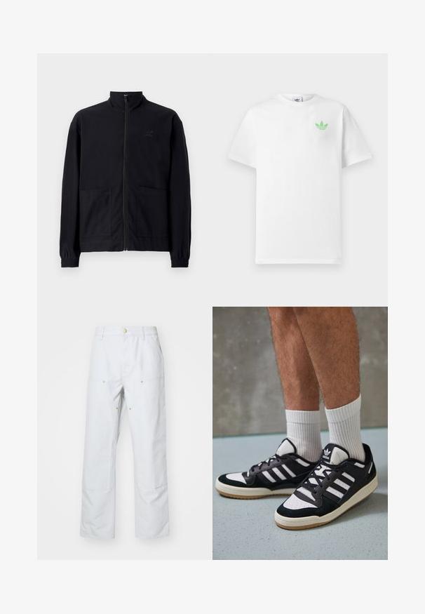 Crna jakna na patent s teksturiranim materijalom koja ima stojeći ovratnik, dva prednja džepa i elastične manžete. Suptilan detalj s logotipom.; Bijela pamučna majica kratkih rukava, s malim zelenim Adidas logotipom na lijevoj strani prsnog koša. Jednostavan, klasičan dizajn s okruglim izrezom.; Svijetlosivi široki hlače od mješavine pamuka. Sadrži dva prednja džepa, vidljive šavove i zlatne gumbe kao ukrase.; Crne i bijele tenisice s gornjim dijelom od antilopa i kože, s tri bijele pruge, perforiranim prstom i gumiranim potplatom.