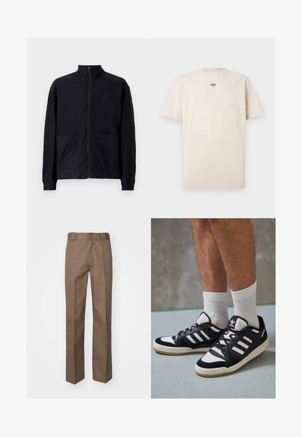 Fekete, cipzáros dzseki, textúrált anyagból, álló gallérral, két elülső zsebbel és rugalmas mandzsettával. Diszkrét logó részlet.; Beige pamut póló, kerek nyakkivágással, rövid ujjakkal, és egy kis sötét logóval a mellkasán. Sima textúra és laza szabás.; Barna nadrág lapos elülső dizájnnal, egyenes lábakkal és klasszikus derékrésszel. Tartós anyagból készült, látható minták vagy díszítések nélkül.; Fekete-fehér tornacipők velúr és bőr felsőrésszel, három fehér csíkkal, perforált orral és gumi talppal.