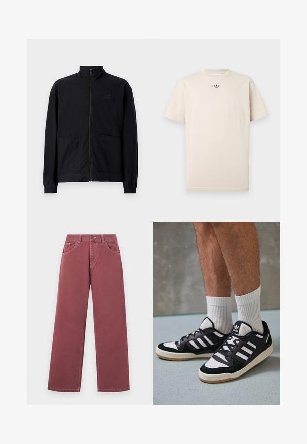 Zwarte zip-up jack van textuurstof met een staande kraag, twee voorzakken en elastische manchetten. Subtiel logo-detail.; Beige katoenen t-shirt met een ronde hals, korte mouwen en een klein donker logo op de borst. Gladde textuur en casual pasvorm.; Wijde burgundy jeans van katoen met een gladde textuur, voorzien van zijzakken, riemlussen en een enkele knoopsluiting.; Zwart-witte sneakers met een bovenwerk van suede en leer, voorzien van drie witte strepen, een geperforeerde neus en een rubberen gumzool.