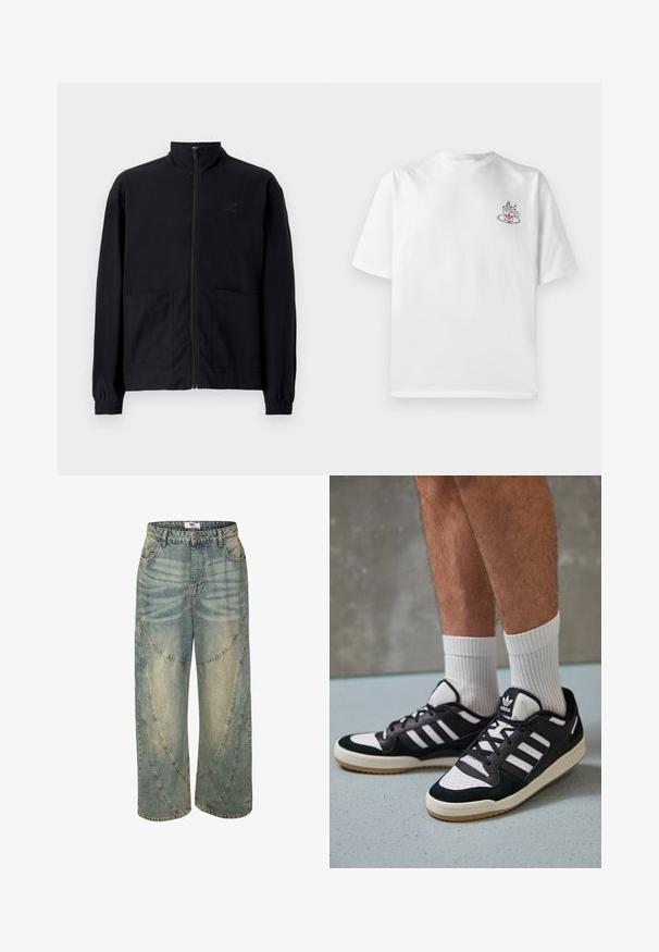 Fekete, cipzáros dzseki, textúrált anyagból, álló gallérral, két elülső zsebbel és rugalmas mandzsettával. Diszkrét logó részlet.; Fehér pamut póló rövid ujjal, melyen egy kis rózsaszín és fekete kávéscsésze grafika található a bal mellek részen.; Világoskék, bő szárú farmernadrág magas derékkal, ívelt varrásokkal és kifinomult szegésekkel. Halványított foltokkal díszített farmerből készült.; Fekete-fehér tornacipők velúr és bőr felsőrésszel, három fehér csíkkal, perforált orral és gumi talppal.