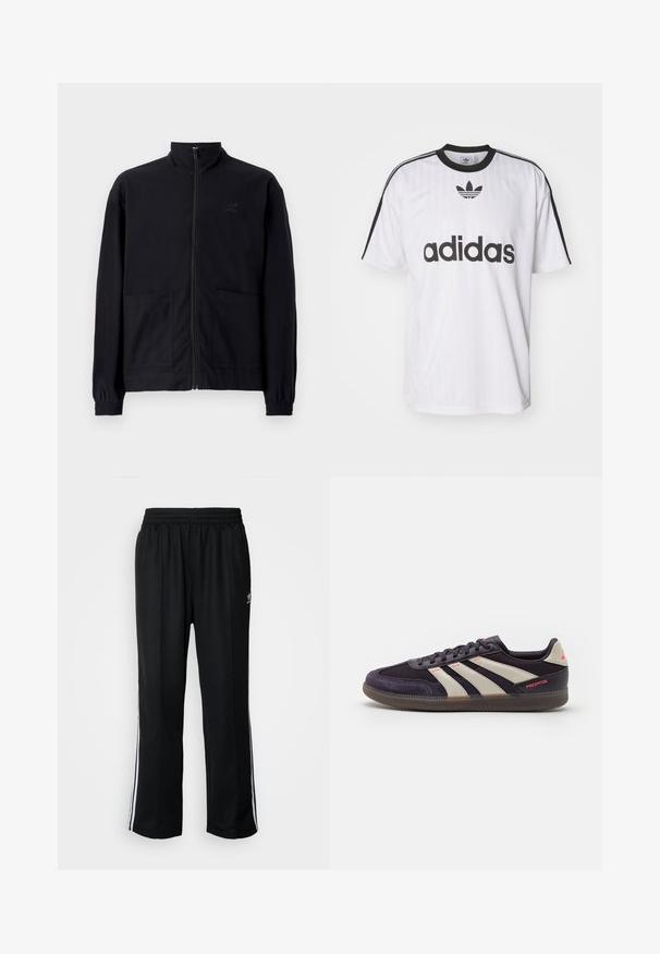 Sort zip-op jakke lavet af tekstureret stof med stående krave, to forlommer og elastiske manchetter. Diskret logo detalje.; Hvid Adidas t-shirt med sorte accenter, rund hals og et stort sort logo foran. Korte ærmer med sorte striber. Tekstureret stof.; Sorte træningsbukser med elastisk talje, der har hvide sidestænger og et lille logo. Materialet ser blødt og let ud.; adidas Performance PREDATOR FREESTYLE INDOOR - Fodboldstøvler til kunstgræs - aurora black/alumina/turbo