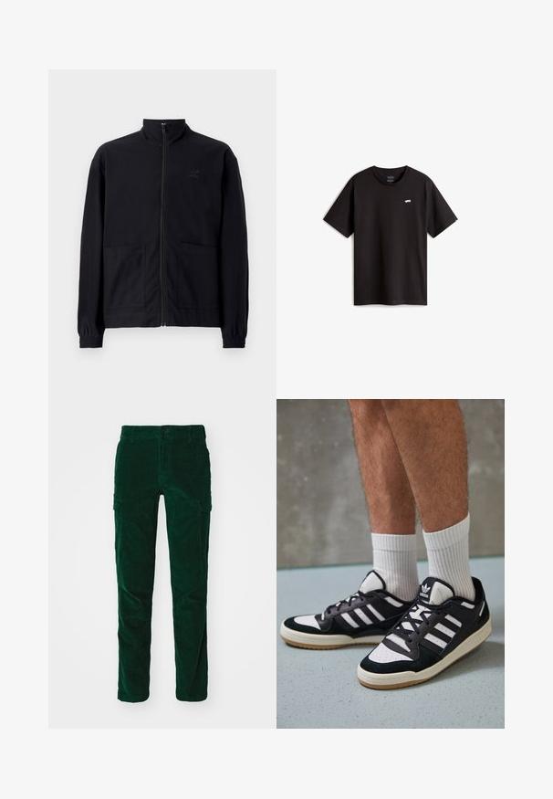 Zwarte zip-up jack van textuurstof met een staande kraag, twee voorzakken en elastische manchetten. Subtiel logo-detail.; Zwarte katoenen t-shirt met korte mouwen en een ronde hals. Bevat een klein wit skateboardlogo op de borst. Eenvoudig ontwerp en snit.; DOCKERS SLIM TAPERED - Cargobroek - deep forest; Zwart-witte sneakers met een bovenwerk van suede en leer, voorzien van drie witte strepen, een geperforeerde neus en een rubberen gumzool.