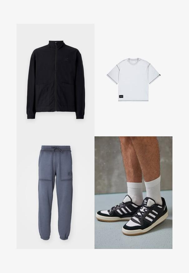 Fekete, cipzáros dzseki, textúrált anyagból, álló gallérral, két elülső zsebbel és rugalmas mandzsettával. Diszkrét logó részlet.; Fehér, rövid ujjú póló szürke varrással, kerek nyakkivágással, és fekete címkével az alsó bal sarokban "STUDIO EDITION" felirattal.; Kék melegítőnadrág, puha anyagból, állítható húzózsinórral a derékrészén, rugalmas mandzsettákkal és két elülső zsebbel. Hímzett logó részlet.; Fekete-fehér tornacipők velúr és bőr felsőrésszel, három fehér csíkkal, perforált orral és gumi talppal.