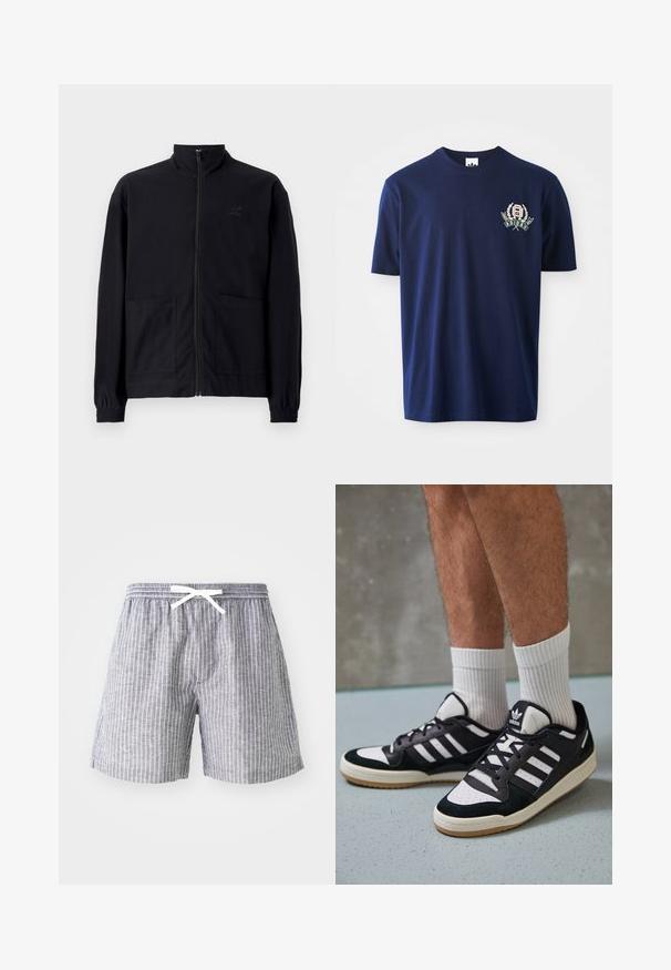 Black zip-up jacket made of textured fabric featuring a standing collar, two front pockets, and elasticized cuffs. Subtle logo detail.; Navy blue cotton t-shirt with short sleeves, round neckline, and embroidered logo featuring laurel accents on the left chest.; Gray striped shorts with a drawstring waist, crafted from lightweight fabric. Features vertical white stripes and a loose, comfortable fit.; Black and white sneakers with a suede and leather upper, featuring three white stripes, a perforated toe, and a gum rubber sole.