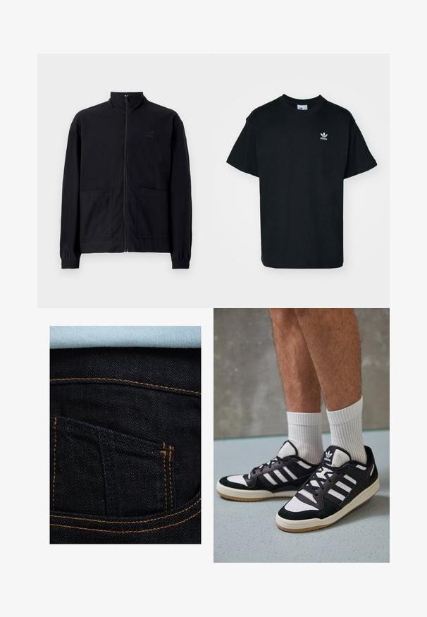 Fekete, cipzáros dzseki, textúrált anyagból, álló gallérral, két elülső zsebbel és rugalmas mandzsettával. Diszkrét logó részlet.; Fekete pamut póló kerek nyakkal és rövid ujjal, bal melle részen egy kis fehér Adidas logóval.; Sötétkék farmernadrág narancssárga cérnával, hátsó zsebbel és egy világoskék inggel a felső részen. Simább textúra, klasszikus dizájn.; Fekete-fehér tornacipők velúr és bőr felsőrésszel, három fehér csíkkal, perforált orral és gumi talppal.