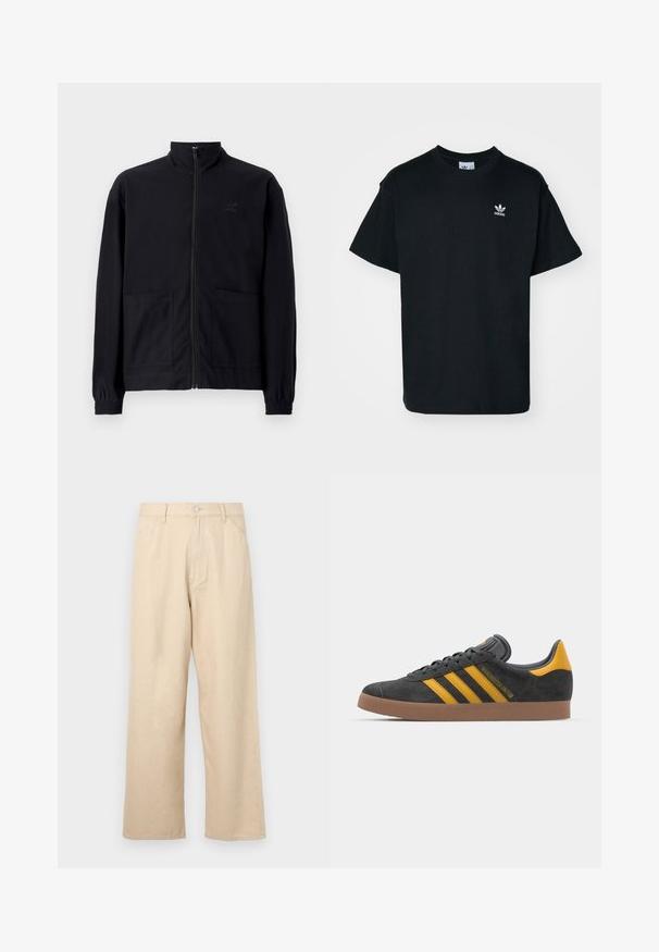Jachetă zip-up neagră, realizată dintr-un material texturat, cu guler în picioare, două buzunare frontale și manșete elastice. Detaliu subtil cu logo.; Tricou din bumbac negru cu guler rotund și mâneci scurte, având un mic logo alb Adidas pe partea stângă a pieptului.; Pantaloni largi bej din denim cu un finisaj texturat, având închidere cu buton în față și un design clasic cu cinci buzunare.; Tenisi negri din suede cu accente galbene, având trei dungi și o talpă din cauciuc maroniu. Include un limba căptușită pentru confort.