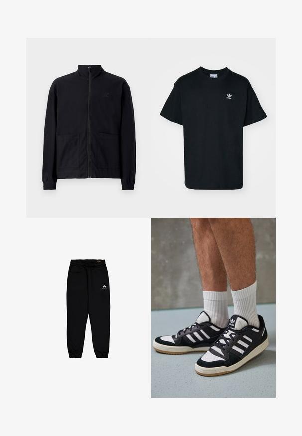Czarna kurtka zapinana na zamek, wykonana z teksturowanej tkaniny, z kołnierzem stojącym, dwoma przednimi kieszeniami i elastycznymi mankietami. Subtelny detal z logo.; Czarna bawełniana koszulka z okrągłym dekoltem i krótkimi rękawami, z małym białym logo Adidas na lewej stronie klatki piersiowej.; Czarne spodnie dresowe wykonane z miękkiego, elastycznego materiału. Posiadają elastyczny pasek w talii ze sznurkiem oraz elastyczne mankiety. Małe białe logo na biodrze.; Czarno-białe sneakersy z zamszową i skórzaną cholewką, z trzema białymi paskami, perforowanym czubkiem i gumową podeszwą w kolorze gumy.