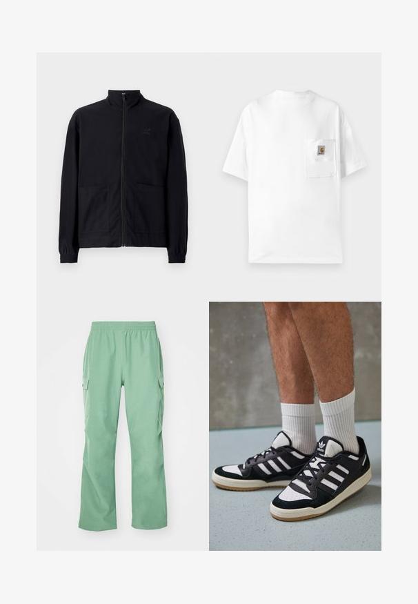Sort zip-op jakke lavet af tekstureret stof med stående krave, to forlommer og elastiske manchetter. Diskret logo detalje.; Hvid bomulds t-shirt med rund hals, korte ærmer og brystlomme med et logo-patch. Minimalistisk design og sømløs tekstur.; Lysgrønne cargos med elastisk talje, lavet af et glat stof, med to sidelommer og lige ben.; Sorte og hvide sneakers med en overdel i ruskind og læder, der har tre hvide striber, en perforeret tå og en sål i gummigummi.