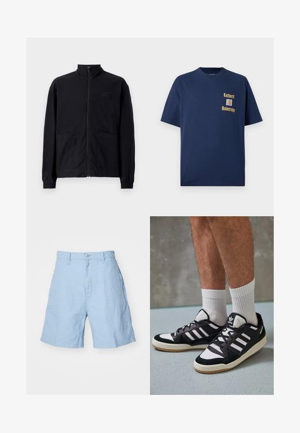 Musta vetoketjullinen takki, joka on valmistettu teksturoidusta kankaasta. Takissa on pystykaulus, kaksi etutaskua ja elastiset hihansuut. Huomaamaton logotyyli.; T-paidat tummansinisestä puuvillasta, joissa on lyhyet hihat. Edessä kultaisella tekstillä "Carhartt University" ja logo-tasku vasemmalla rintapuolella.; Vaaleansiniset pellavashortsit, joissa on nappi- ja vetoketjusuljenta, kaksi sivutaskua ja rento istuvuus. Raikas rakenne, polvimittainen.; Valkoiset ja mustat tennarit, joissa on mokkanahka- ja nahkapäällinen, kolme valkoista raitaa, rei'itetty kärki ja kumipohja.