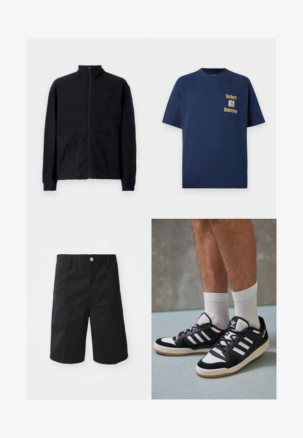 Svart zip-up jakke laget av teksturert stoff med stående krage, to frontlommer og elastiske mansjetter. Diskret logo detalj.; Mørk blå bomull t-skjorte med korte ermer, med gulltekst "Carhartt University" og et logo-patch på venstre bryst.; Svarte bomullsshorts med rett snitt, beltehemper, metallknapp for lukking, og uten synlige mønstre eller detaljer.; Sorte og hvite sneakers med overdel i semsket skinn og lær, med tre hvite striper, perforert tå og en såle av gummi.