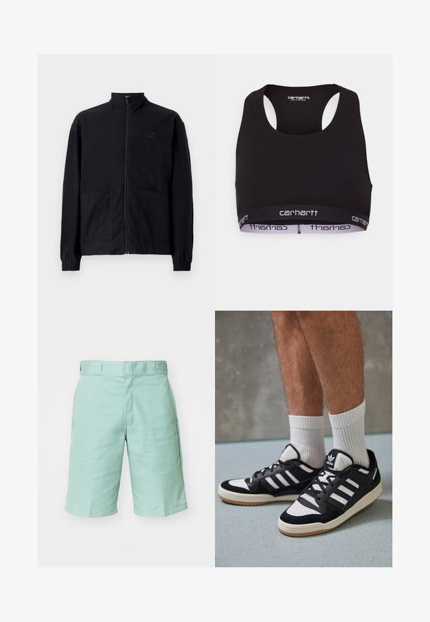 Černá zipová bunda vyrobená z texturované tkaniny, s vysokým límcem, dvěma předními kapsami a elastickými manžetami. Jemný detail loga.; Černá sportovní podprsenka s kulatým výstřihem a designem s otevřenými zády. Obsahuje zesílený pas s bílým logem "Carhartt". Měkká textilie.; Mátově zelené cargo šortky vyrobené z bavlny, s dvěma bočními kapsami, plochým pasem a zašitými lemy. Hladká textura bez vzorů.; Černobílé tenisky s vrchní částí z semišové a kožené kůže, včetně tří bílých pruhů, perforovaného špičky a podrážky z gumy.