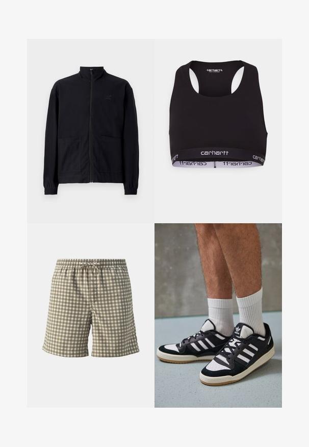 Czarna kurtka zapinana na zamek, wykonana z teksturowanej tkaniny, z kołnierzem stojącym, dwoma przednimi kieszeniami i elastycznymi mankietami. Subtelny detal z logo.; Czarny stanik sportowy z okrągłym dekoltem i konstrukcją na plecach typu racerback. Posiada wzmocniony pas z białym logo "carhartt". Miękka tekstura materiału.; Jack & Jones JPSTJAIDEN JJJACQUARD biały; Czarno-białe sneakersy z zamszową i skórzaną cholewką, z trzema białymi paskami, perforowanym czubkiem i gumową podeszwą w kolorze gumy.