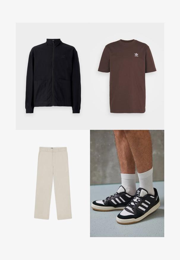 Czarna kurtka zapinana na zamek, wykonana z teksturowanej tkaniny, z kołnierzem stojącym, dwoma przednimi kieszeniami i elastycznymi mankietami. Subtelny detal z logo.; adidas Originals - T-shirt z nadrukiem; Beżowe spodnie o szerokich nogawkach z gładką teksturą, z paskami do pasa, dwiema przednimi kieszeniami i zapięciem na zamek błyskawiczny. Minimalistyczny design.; Czarno-białe sneakersy z zamszową i skórzaną cholewką, z trzema białymi paskami, perforowanym czubkiem i gumową podeszwą w kolorze gumy.
