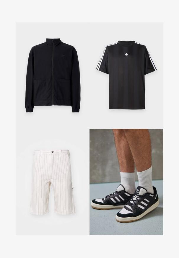 Veste noire zippée en tissu texturé avec col montant, deux poches avant et poignets élastiqués. Détail logo discret.; T-shirt noir à manches courtes avec des détails à trois rayures blanches sur les épaules et un petit logo blanc sur la poitrine. Texture de tissu lisse.; Shorts cargo blancs avec des rayures verticales rouges, fabriqués en tissu léger. Comprend une fermeture à bouton et des poches latérales.; Baskets noir et blanc avec une tige en suède et cuir, comportant trois rayures blanches, un bout perforé et une semelle en caoutchouc gum.