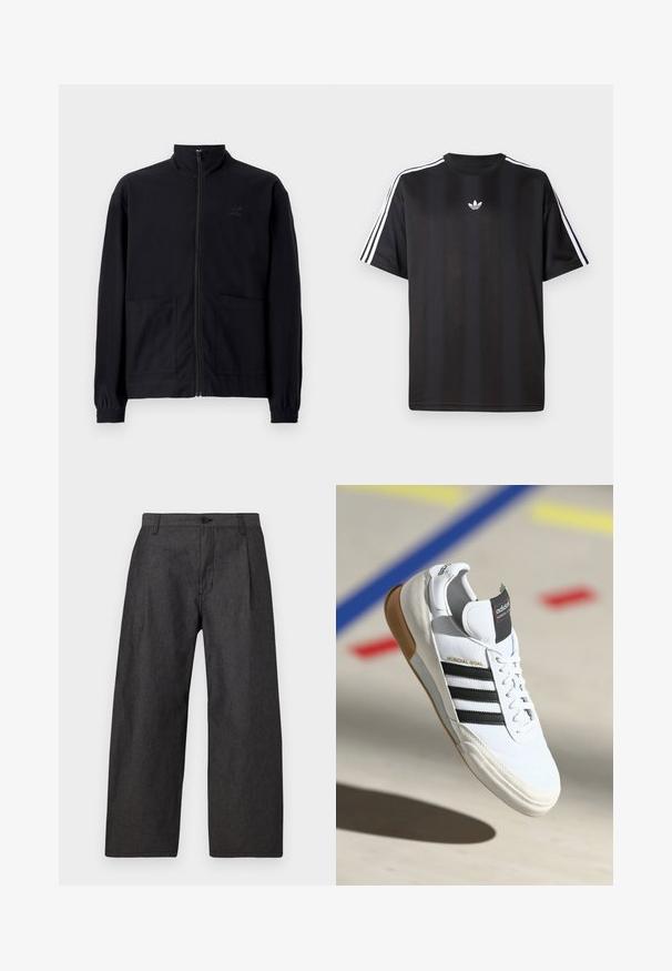 Crna jakna na patent s teksturiranim materijalom koja ima stojeći ovratnik, dva prednja džepa i elastične manžete. Suptilan detalj s logotipom.; Crna majica kratkih rukava s bijelim trostrukim detaljima na ramenima i malim bijelim logotipom na prsima. Glatka tekstura tkanine.; Tamno sivi široki hlače od teksturiranog materijala. Imaju prednje kopčanje na dugme i dva bočna džepa. Minimalistički dizajn bez uzoraka.; Bijela Adidas Mundial Goal tenisica s crnim prugama i gumiranim potplatima, prikazana u zraku iznad sportske podloge s obojenim linijama.