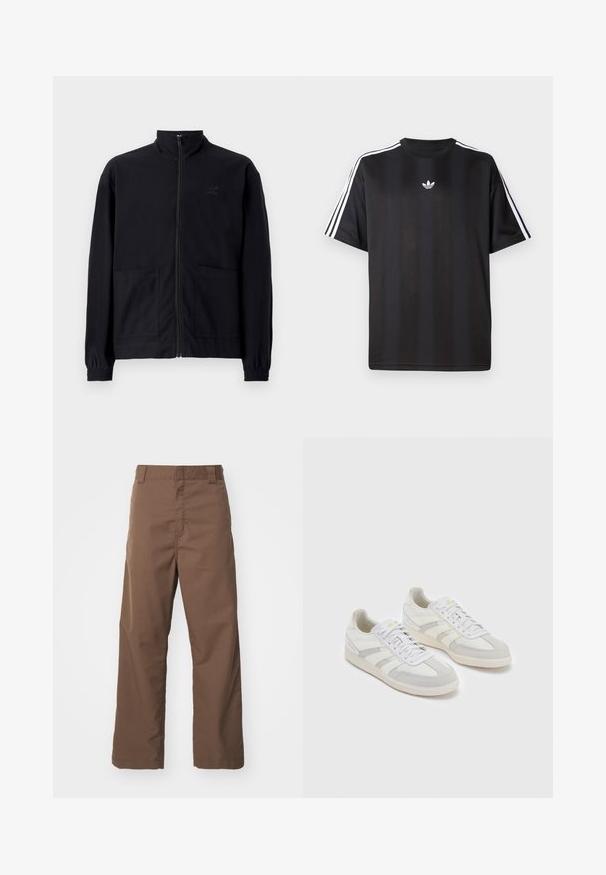 Sort zip-op jakke lavet af tekstureret stof med stående krave, to forlommer og elastiske manchetter. Diskret logo detalje.; Sort kortærmet t-shirt med hvid tre-stribe detaljer på skuldrene og et lille hvidt logo på brystet. Glat stofstruktur.; Brune lige benbukser lavet af holdbart stof med en glat tekstur. Har bæltestropper og et fladt frontdesign, velegnet til afslappet brug.; Hvide sneakers med lysegrå nubuck-detaljer og striber, der har en struktureret stofoverdel, flade snørebånd og en gummisål.