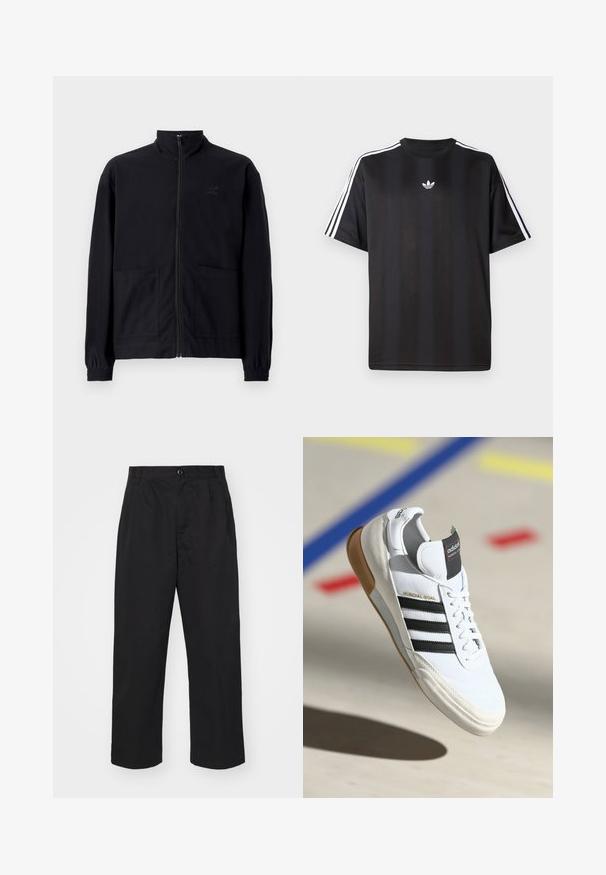 Fekete, cipzáros dzseki, textúrált anyagból, álló gallérral, két elülső zsebbel és rugalmas mandzsettával. Diszkrét logó részlet.; Fekete, rövid ujjú póló fehér háromcsíkos díszítéssel a vállakon és egy kis fehér logóval a mellkasán. Simább anyag textúra.; Fekete pamut nadrág egyenes szabással, gombos záródással, két elülső zsebbel és sima textúrával.; Fehér Adidas Mundial Goal sneaker fekete csíkokkal és gumitalppal, a levegőben egy sportpálya padlóján látható, színes vonalakkal.