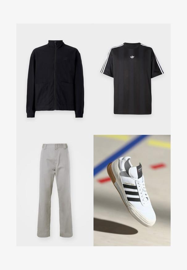 Czarna kurtka zapinana na zamek, wykonana z teksturowanej tkaniny, z kołnierzem stojącym, dwoma przednimi kieszeniami i elastycznymi mankietami. Subtelny detal z logo.; Czarna koszulka z krótkim rękawem z białymi, trzema paskami na ramionach oraz małym białym logotypem na klatce piersiowej. Gładka tekstura materiału.; Szare bawełniane spodnie o prostym kroju nogawki, z płaskim przodem, szlufkami na pasek i gładką teksturą.; Białe sneakersy Adidas Mundial Goal z czarnymi paskami i gumową podeszwą, pokazywane w powietrzu nad podłogą boiska sportowego z kolorowymi liniami.
