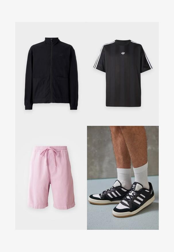 Sort zip-op jakke lavet af tekstureret stof med stående krave, to forlommer og elastiske manchetter. Diskret logo detalje.; Sort kortærmet t-shirt med hvid tre-stribe detaljer på skuldrene og et lille hvidt logo på brystet. Glat stofstruktur.; Lyserøde shorts lavet af bomuld, med elastisk talje og snoretræk, samt lige ben med stikninger ved kanten.; Sorte og hvide sneakers med en overdel i ruskind og læder, der har tre hvide striber, en perforeret tå og en sål i gummigummi.
