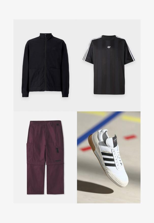 Čierna zapínacia bunda vyrobená z textúrovanej látky, s vysokým golierom, dvoma prednými vreckami a elastickými manžetami. Diskrétne logo.; Čierne tričko s krátkym rukávom a bielymi trojpruhmi na pleciach a malým bielym logom na hrudi. Hladká textúra látky.; Burgundské cargo konvertibilné nohavice s bočnou zipsovou vreckou a logom Timberland na pravej nohe, zobrazený predĺžený vnútorný šev.; Biele tenisky Adidas Mundial Goal s čiernymi pruhmi a gumovou podrážkou, zobrazené vo vzduchu nad športovým povrchom s farebnými čiarami.