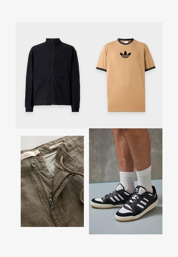 Czarna kurtka zapinana na zamek, wykonana z teksturowanej tkaniny, z kołnierzem stojącym, dwoma przednimi kieszeniami i elastycznymi mankietami. Subtelny detal z logo.; Beżowa bawełniana koszulka z czarnym ribem przy okrągłym dekolcie i mankietach. Posiada czarne logo Adidasa z trzema paskami poniżej logo na klatce piersiowej.; Brązowe lniane spodnie z zamkiem błyskawicznym z przodu, zapięciem na guziczek oraz w paski wewnętrzną podszewką. Zawierają detale w postaci szwów i metek.; Czarno-białe sneakersy z zamszową i skórzaną cholewką, z trzema białymi paskami, perforowanym czubkiem i gumową podeszwą w kolorze gumy.