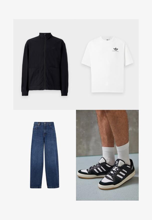 Μαύρο μπουφάν με φερμουάρ από υφασμάτινη υφή, διαθέτει όρθιο γιακά, δύο μπροστινές τσέπες και ελαστικούς ρυθμιστές στους καρπούς. Διακριτική λεπτομέρεια λογότυπου.; Λευκό βαμβακερό μπλουζάκι με κοντά μανίκια, που διαθέτει το μαύρο λογότυπο "BASKETBALL" και την εμβληματική τριπλή ρίγα μπροστινά.; Πολυάσπρο τζιν παντελόνι με φαρδιά πόδια, κλασικός σχεδιασμός πέντε τσέπες, κλείσιμο με κουμπί και ελαφρώς ξεθωριασμένη υφή. Ανθεκτικές ραφές.; Μαύρα και λευκά αθλητικά παπούτσια με άνω μέρος από σουέτ και δέρμα, featuring τρεις λευκές ρίγες, περατά δάχτυλα και σόλα από καουτσούκ τύπου γκαστ.