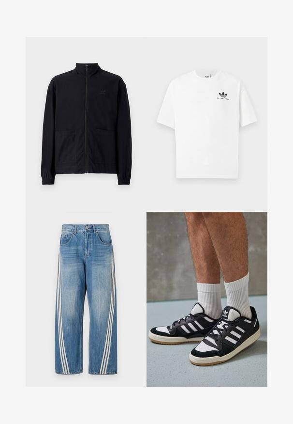 Svart zip-up jakke laget av teksturert stoff med stående krage, to frontlommer og elastiske mansjetter. Diskret logo detalj.; Hvit bomull T-skjorte med kort erm, med en svart "BASKETBALL" logo og ikonisk tre-stripes design på framsiden.; Vide jeans i lyseblått med vid ben, med tre hvite striper nedover hver side og klassisk fem-lomme-design. Det er en falmet struktur.; Sorte og hvite sneakers med overdel i semsket skinn og lær, med tre hvite striper, perforert tå og en såle av gummi.