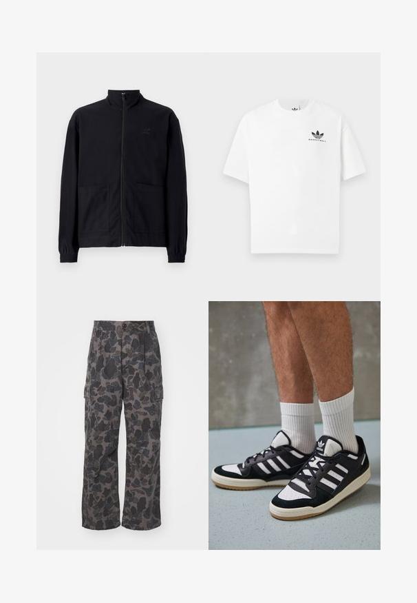 Melna zip-up jaka, izgatavota no struktūrētas auduma, ar stāvošu apkakli, divām priekšējām kabatām un elastīgām aprocēm. Diskreta logotipa detaļa.; Baltas kokvilnas T-krekls ar īsām piedurknēm, uz kura priekšpuses ir melns "BASKETBALL" logs un ikoniskais trīs svītru dizains.; Tumši pelēki cargo bikses ar kamuflāžas rakstu, kurām ir brīvs piegriezums, pogu aizdare un sānu kabatas uzglabāšanai.; Melnas un baltas kedas ar zamša un ādas augšdaļu, kas aprīkotas ar trim baltām svītrām, perforētu purngali un gumijas zolēm.