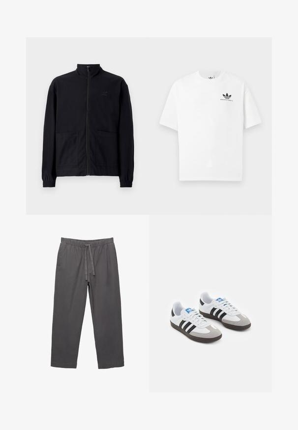 Črna jakna na zadrgo iz teksturirane tkanine z dvignjenim ovratnikom, dvema sprednjima žepoma in elastificiranimi manšeti. Diskretna podrobnost logotipa.; Bela bombažna majica s kratkimi rokavi, ki na sprednji strani vsebuje črn logotip "BASKETBALL" in ikoničen dizajn treh črt.; Sive, lahki hlače z elastičnim pasom in vrvico. Imajo zožene noge in gladko, rahlo teksturirano blago.; Športni čevlji z belim usnjenim zgornjim delom, sivim semišem na prstih in tremi črnimi črtami. Imajo modro logo na jeziku in teksturiran gumijast podplat.