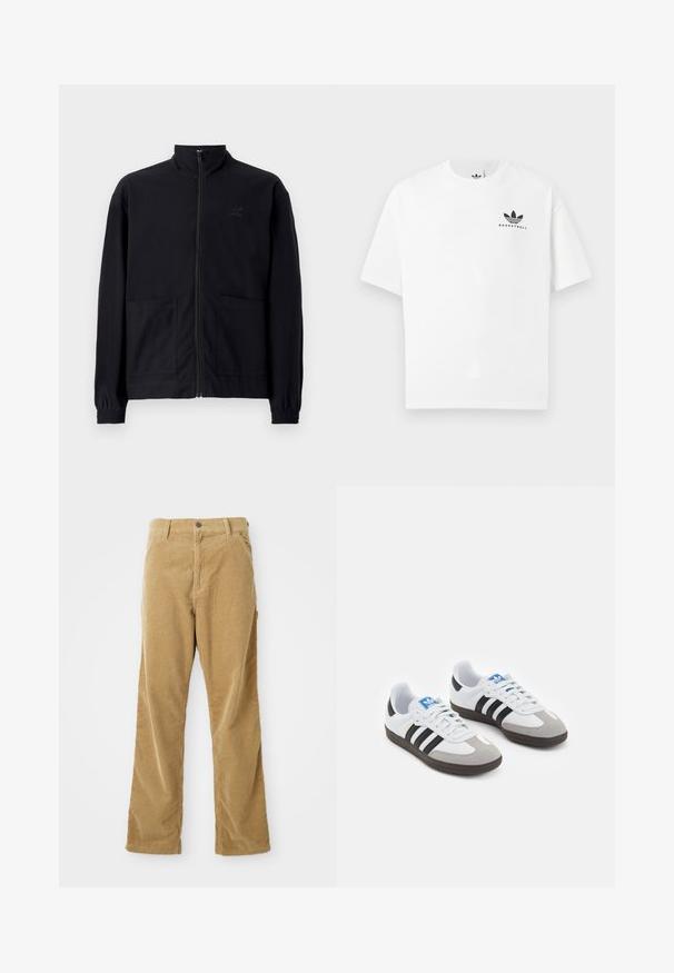 Čierna zapínacia bunda vyrobená z textúrovanej látky, s vysokým golierom, dvoma prednými vreckami a elastickými manžetami. Diskrétne logo.; Biela bavlnená tričko s krátkymi rukávmi, s čiernym logom "BASKETBALL" a ikonickým trojprúžkovým dizajnom na prednej strane.; Hnedé kordové nohavice s prednými vreckami, pútkami na opasok, zapínaním na gombík a rovnými nohavicami ležiace na bielom pozadí.; Športové topánky s bielym koženým zvrškom, šedou semišovou špičkou a tromi čiernymi pruhmi. Obsahujú modré logo na jazyku a štruktúrovanú gumovú podrážku.