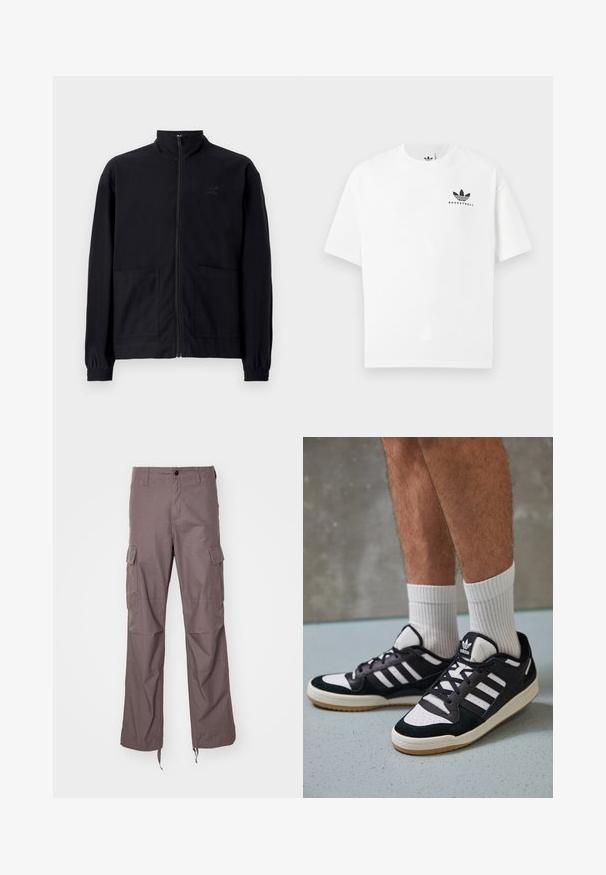 Černá zipová bunda vyrobená z texturované tkaniny, s vysokým límcem, dvěma předními kapsami a elastickými manžetami. Jemný detail loga.; Bílá bavlněná tričko s krátkým rukávem, na přední straně s černým logem "BASKETBALL" a ikonickým designem tří pruhů.; Cargo kalhoty z texturované taupe tkaniny, s několika postranními kapsami, rovný střih nohavic a nastavitelné popruhy na lemu.; Černobílé tenisky s vrchní částí z semišové a kožené kůže, včetně tří bílých pruhů, perforovaného špičky a podrážky z gumy.