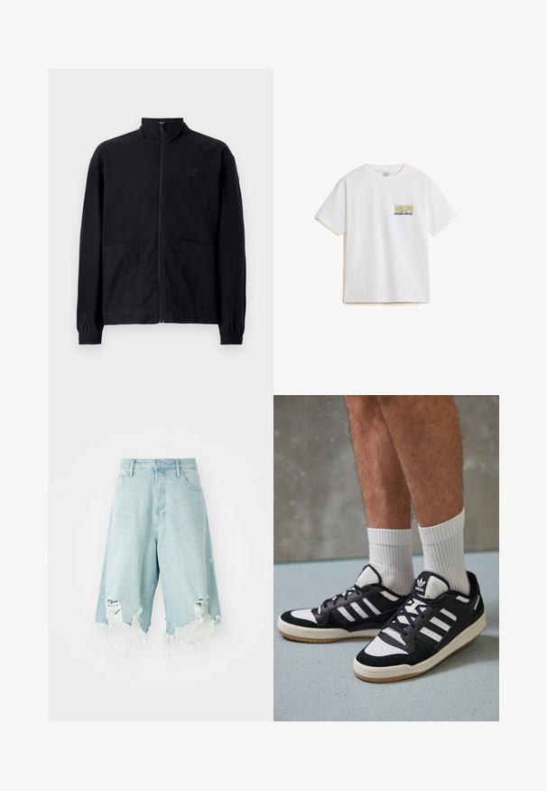 Sort zip-op jakke lavet af tekstureret stof med stående krave, to forlommer og elastiske manchetter. Diskret logo detalje.; Hvid bomulds T-shirt med korte ærmer, der har et gult og sort "VANS"-logo og "custom classic" tekst på venstre brystområde.; Lysblå denimshorts med høj talje, der har slidte områder og frynsede kanter. Designet med fem lommer og en klassisk knaplukning.; Sorte og hvide sneakers med en overdel i ruskind og læder, der har tre hvide striber, en perforeret tå og en sål i gummigummi.