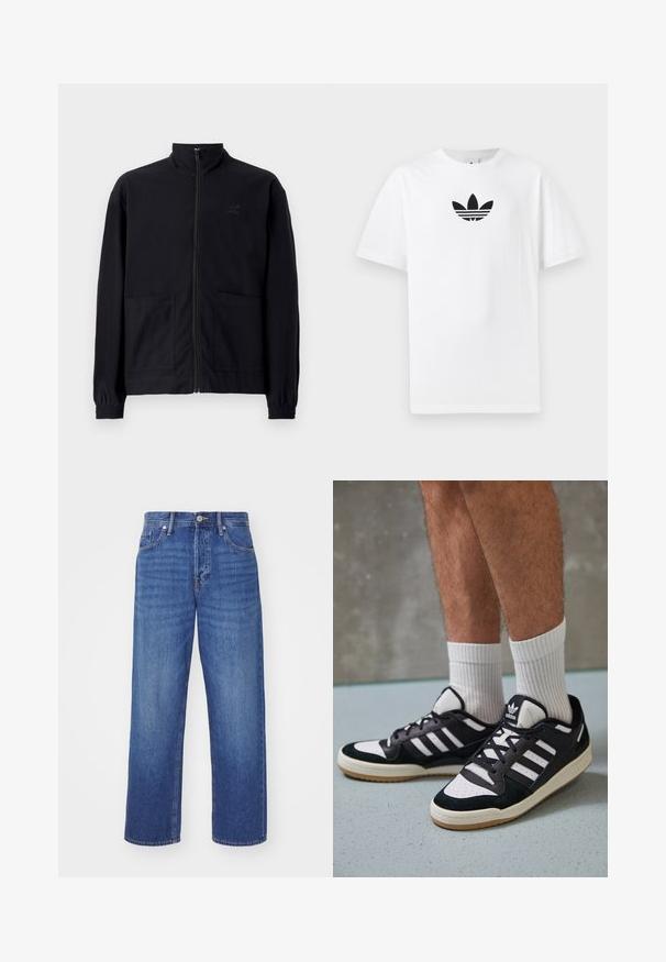 Musta vetoketjullinen takki, joka on valmistettu teksturoidusta kankaasta. Takissa on pystykaulus, kaksi etutaskua ja elastiset hihansuut. Huomaamaton logotyyli.; Valkoinen puuvillapaita, jossa on musta Adidas-logo keskellä. Lyhyet hihat ja pyöreä kaula-aukko. Sileä rakenne.; Siniset farkut suoran lahkeidan leikkauksella, viidellä taskulla ja etupainikkeella. Kangas on klassisella pesulla, jossa on hienovaraista kulumista.; Valkoiset ja mustat tennarit, joissa on mokkanahka- ja nahkapäällinen, kolme valkoista raitaa, rei'itetty kärki ja kumipohja.