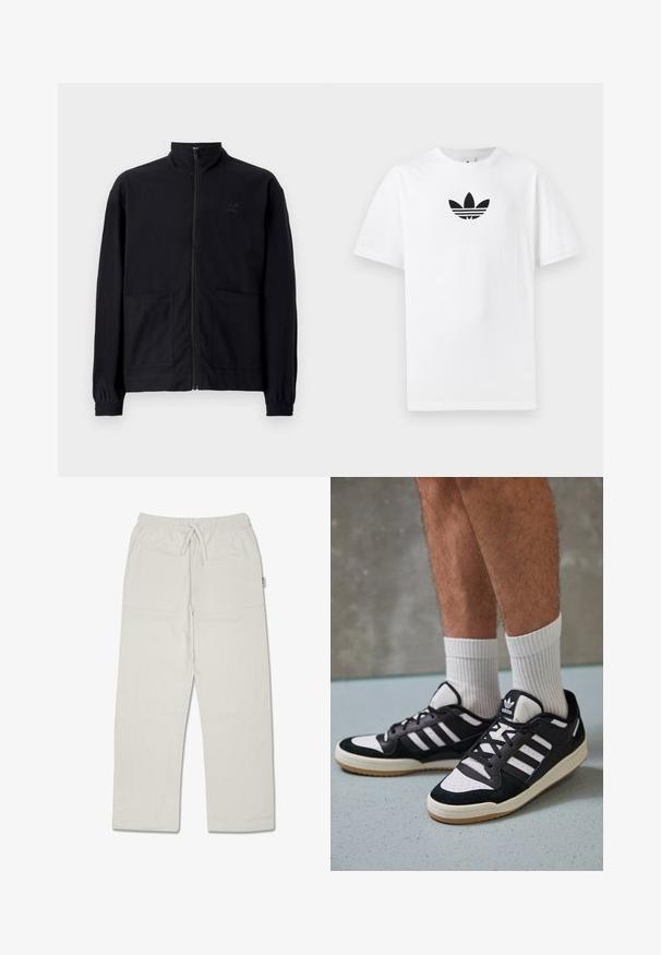 Μαύρο μπουφάν με φερμουάρ από υφασμάτινη υφή, διαθέτει όρθιο γιακά, δύο μπροστινές τσέπες και ελαστικούς ρυθμιστές στους καρπούς. Διακριτική λεπτομέρεια λογότυπου.; Λευκή βαμβακερή μπλούζα T-shirt με μαύρο λογότυπο Adidas στο κέντρο. Βραχίονας κοντός και σχέδιο με στρογγυλή λαιμόκοψη. Μαλακή υφή.; Ανοιχτό γκρι παντελόνια σε χαλαρή γραμμή φτιαγμένα από υλικό με υφή, με ελαστική μέση και ρυθμιζόμενο κορδόνι. Περιλαμβάνουν πλαϊνές τσέπες.; Μαύρα και λευκά αθλητικά παπούτσια με άνω μέρος από σουέτ και δέρμα, featuring τρεις λευκές ρίγες, περατά δάχτυλα και σόλα από καουτσούκ τύπου γκαστ.