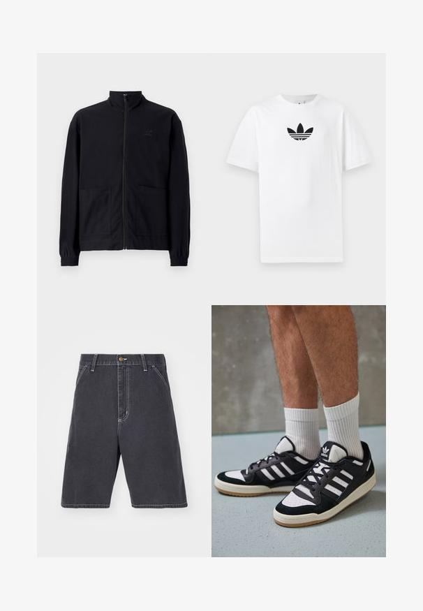 Fekete, cipzáros dzseki, textúrált anyagból, álló gallérral, két elülső zsebbel és rugalmas mandzsettával. Diszkrét logó részlet.; Fehér pamut póló, középen fekete Adidas logóval. Rövid ujjú és kerek nyakú kialakítással. Sima textúra.; Sötétszürke, laza szabású farmernadrág, gombos záródással, övpántokkal és finom fehér varrással. Zsebek nem láthatók.; Fekete-fehér tornacipők velúr és bőr felsőrésszel, három fehér csíkkal, perforált orral és gumi talppal.