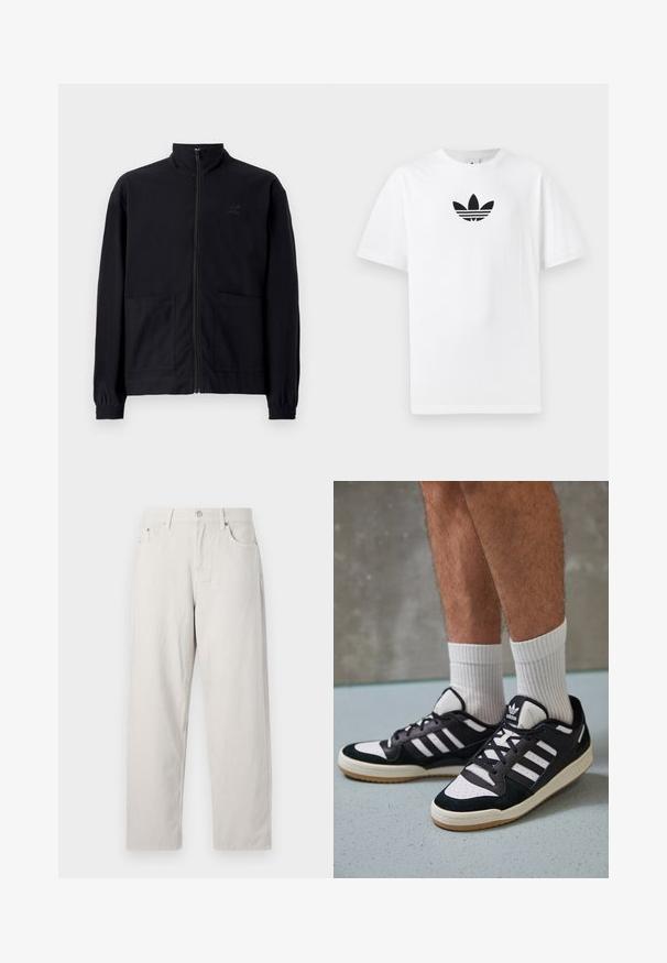 Musta vetoketjullinen takki, joka on valmistettu teksturoidusta kankaasta. Takissa on pystykaulus, kaksi etutaskua ja elastiset hihansuut. Huomaamaton logotyyli.; Valkoinen puuvillapaita, jossa on musta Adidas-logo keskellä. Lyhyet hihat ja pyöreä kaula-aukko. Sileä rakenne.; Vaaleanbeiget korkeavyötäröiset farkut suoran lahkeen muotoilussa. Valmistettu paksusta puuvillakankaasta, jossa on näkyvät etutaskut ja yksi metallipainike.; Valkoiset ja mustat tennarit, joissa on mokkanahka- ja nahkapäällinen, kolme valkoista raitaa, rei'itetty kärki ja kumipohja.